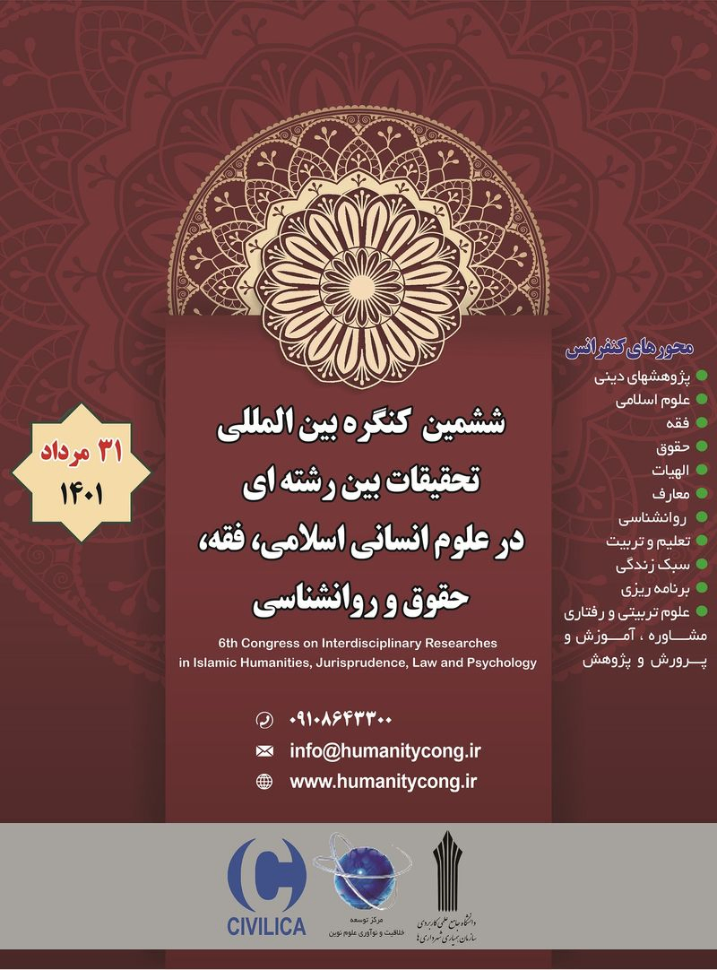 پوستر مجموعه مقالات ششمین کنگره بین المللی تحقیقات بین رشته ای در علوم انسانی اسلامی، فقه، حقوق و روانشناسی