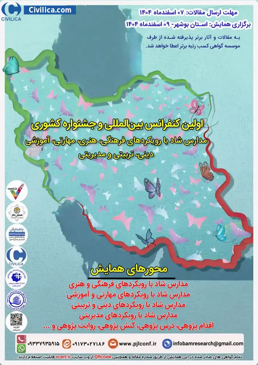 پوستر مجموعه مقالات اولین کنفرانس بین المللی و جشنواره کشوری مدارس شاد با رویکردهای فرهنگی، هنری، مهارتی، آموزشی، دینی، تربیتی و مدیریتی