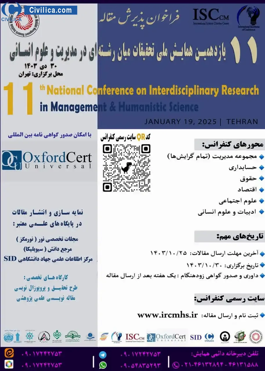پوستر مجموعه مقالات یازدهمین همایش ملی تحقیقات میان رشته ای در مدیریت و علوم انسانی