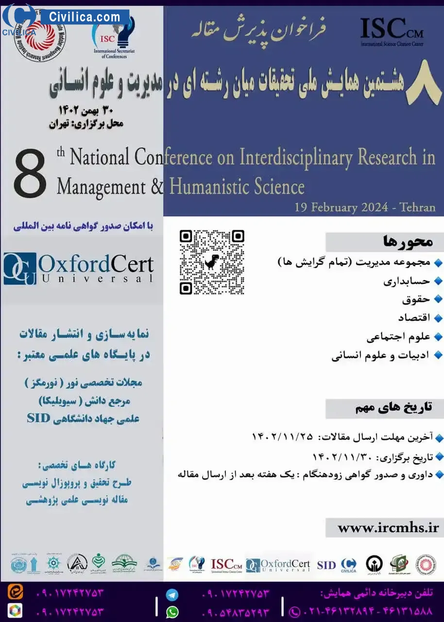 پوستر مجموعه مقالات هشتمین همایش ملی تحقیقات میان رشته ای در مدیریت و علوم انسانی
