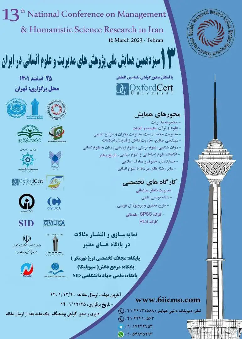 پوستر مجموعه مقالات سیزدهمین همایش ملی پژوهش های مدیریت و علوم انسانی در ایران