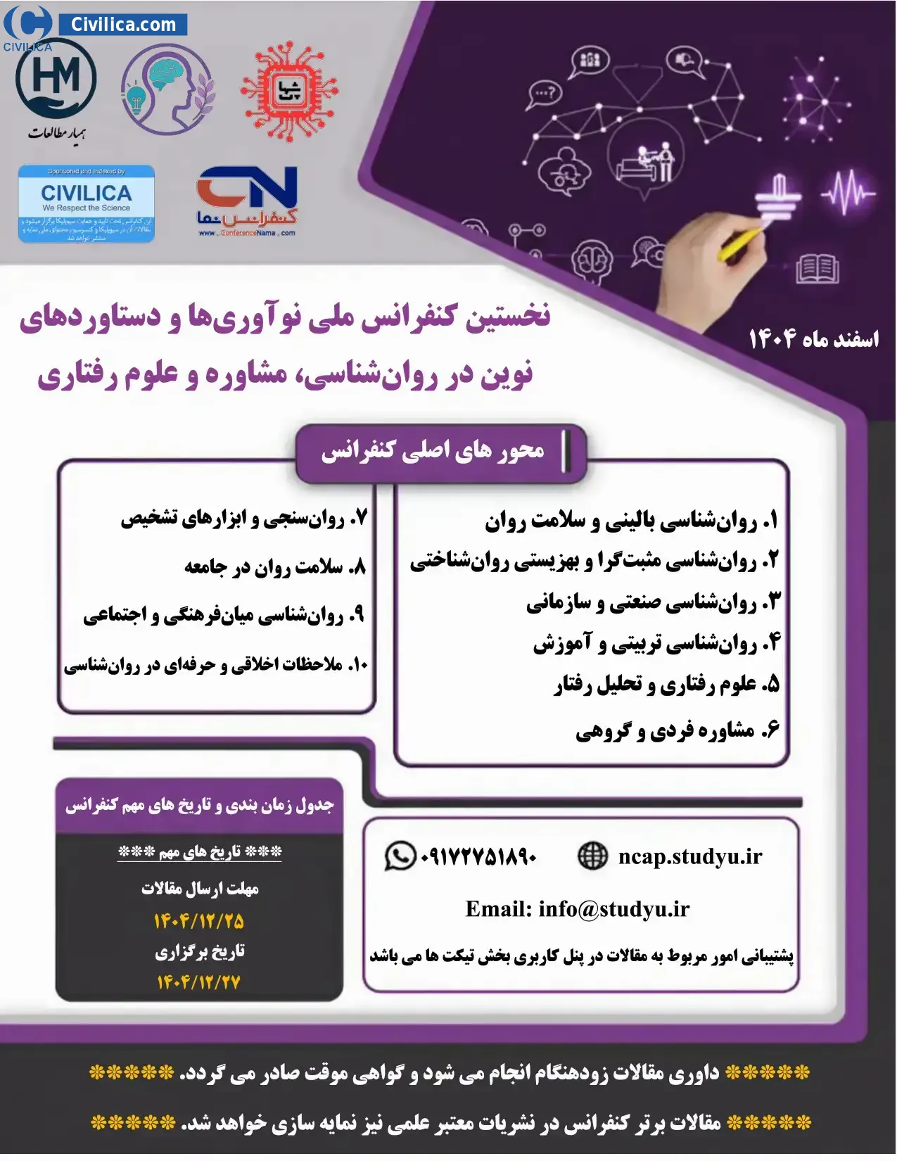 پوستر نخستین کنفرانس ملی نوآوری ها و دستاوردهای نوین در روان شناسی، مشاوره و علوم رفتاری