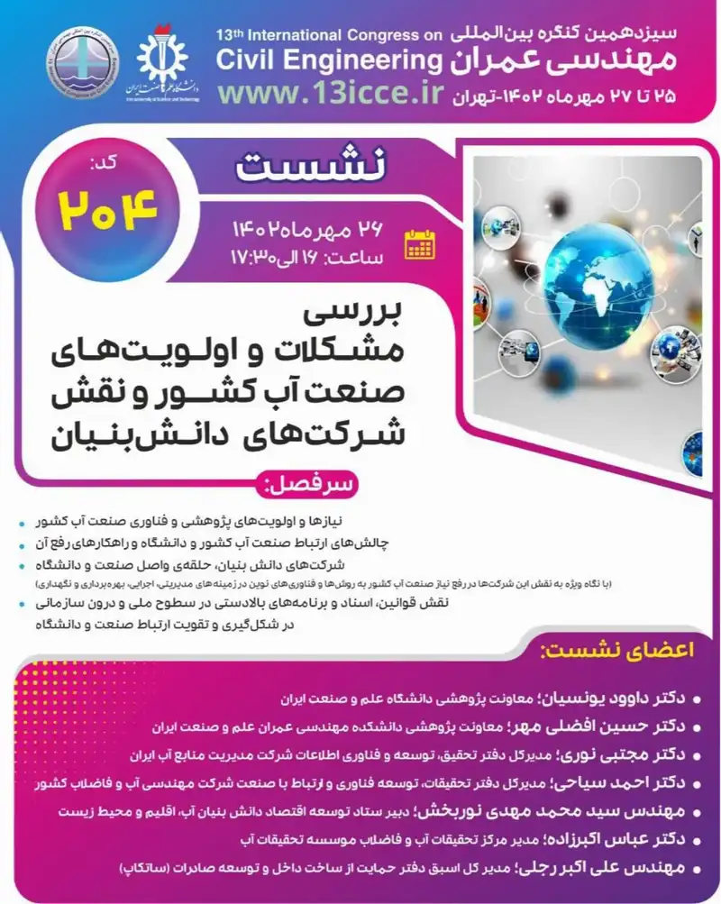 پوستر سخنرانی علمی: بررسی مشکلات و اولویت های صنعت آب کشور و نقش شرکت های دانش بنیان