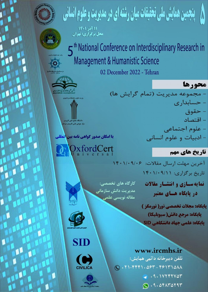 پوستر مجموعه مقالات پنجمین همایش ملی تحقیقات میان رشته ای در مدیریت و علوم انسانی