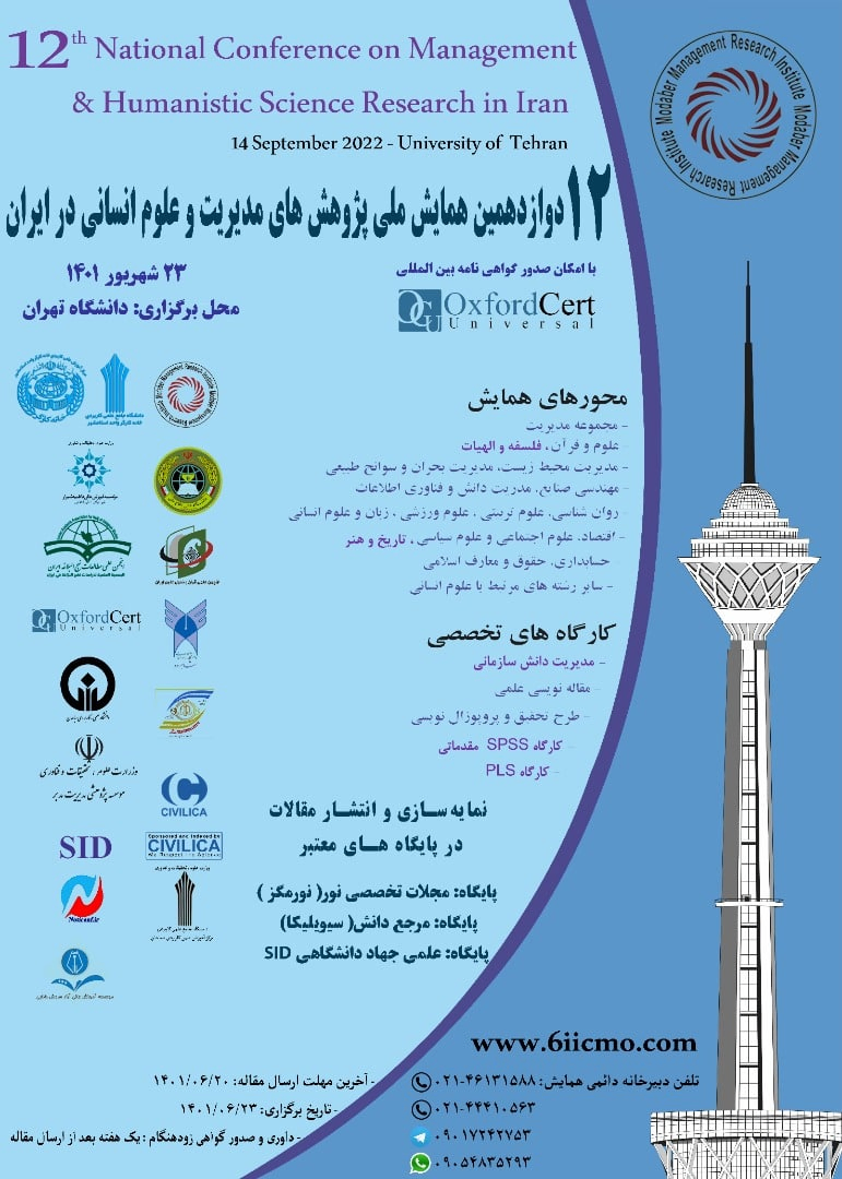 پوستر مجموعه مقالات دوازدهمین همایش ملی پژوهش های مدیریت و علوم انسانی در ایران