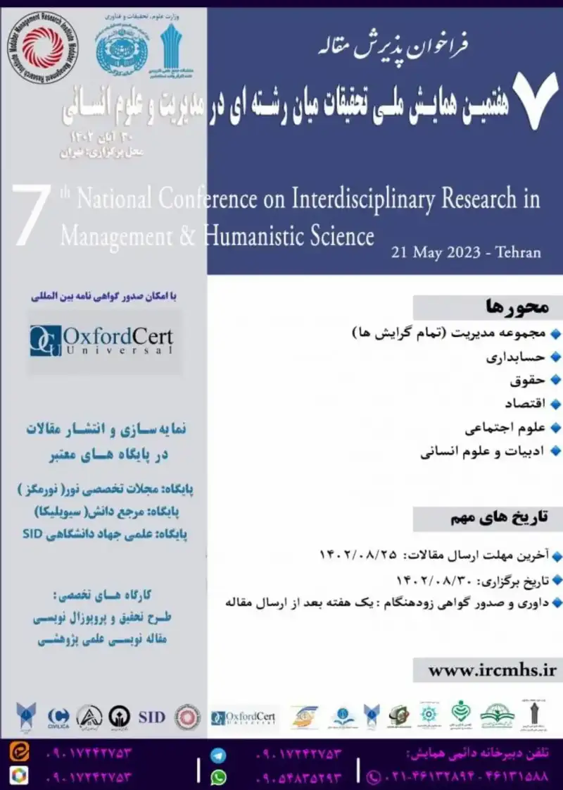 پوستر مجموعه مقالات هفتمین همایش ملی تحقیقات میان رشته ای در مدیریت و علوم انسانی