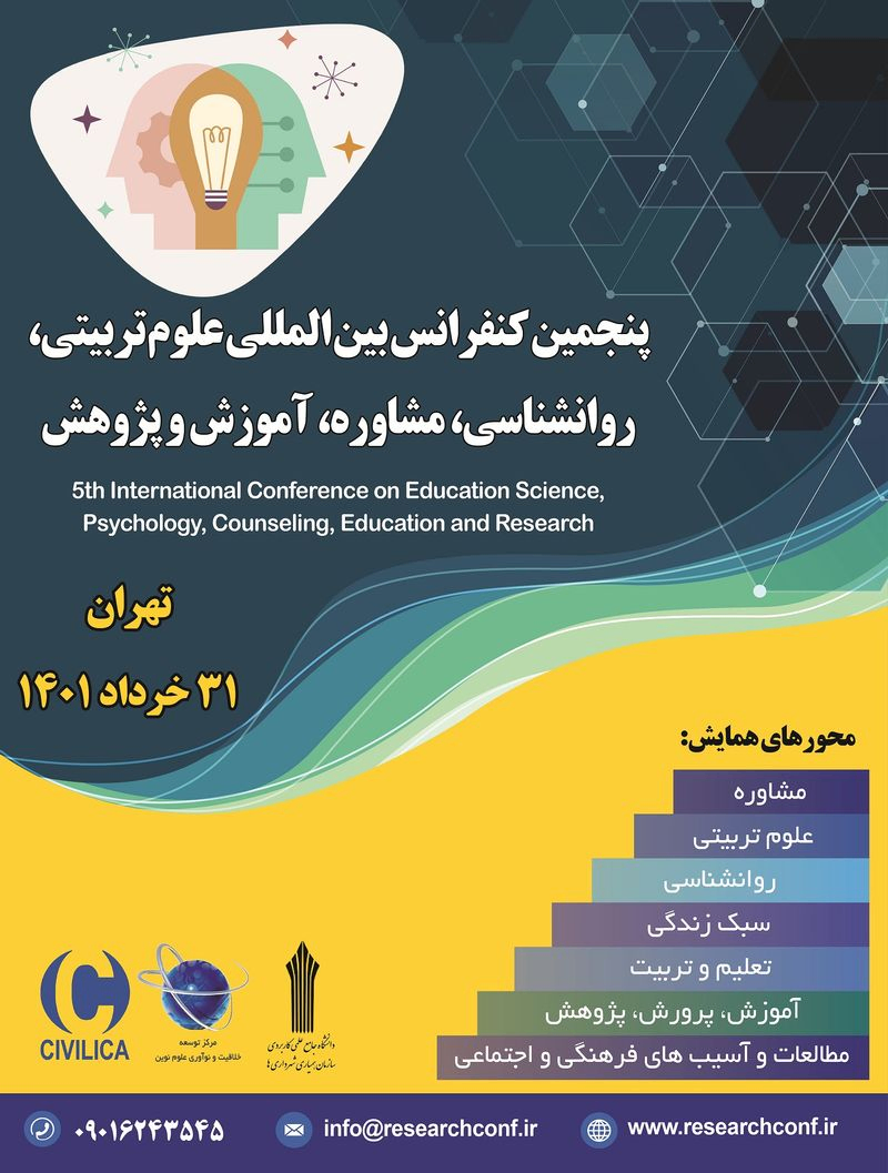 پوستر مجموعه مقالات پنجمین کنفرانس بین المللی علوم تربیتی، روانشناسی، مشاوره، آموزش و پژوهش