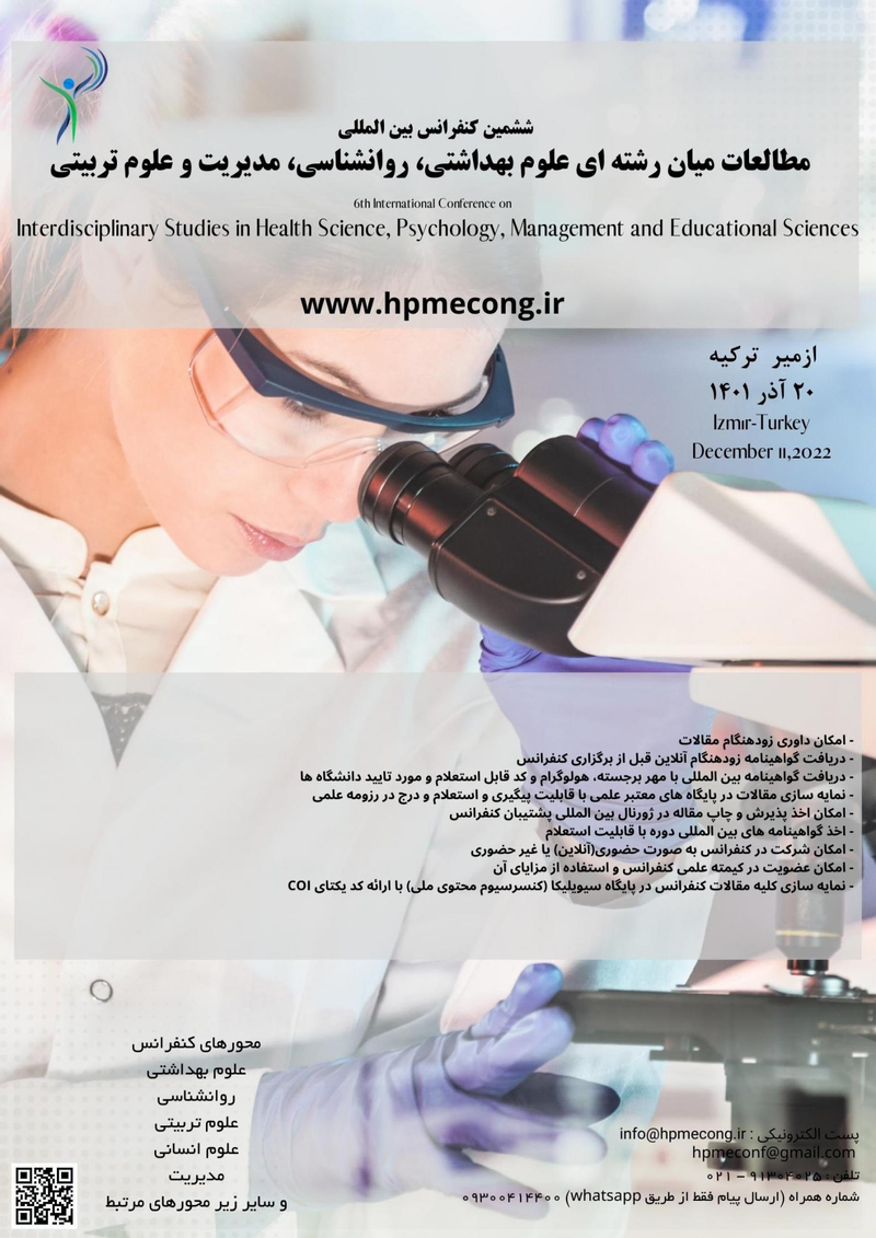 پوستر مجموعه مقالات ششمین کنفرانس بین المللی مطالعات میان رشته ای علوم بهداشتی، روانشناسی، مدیریت و علوم تربیتی