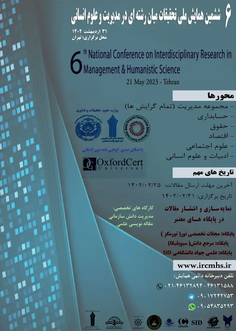 پوستر مجموعه مقالات ششمین همایش ملی تحقیقات میان رشته ای در مدیریت و علوم انسانی